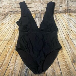 Heat Solid Black Deep V Neck Plunge One Piece Swimsuit